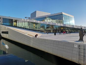 People walking on modern glass building against clear sky