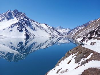 Scenic view of snowcapped mountains against clear blue sky