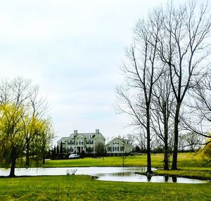 Trees and houses on field against sky