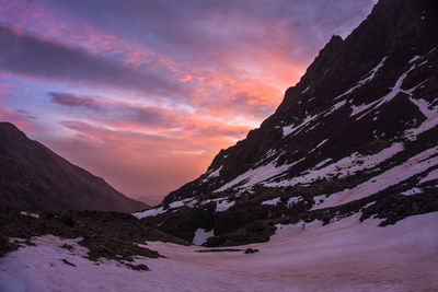 Scenic view of snowcapped mountains against sky during sunset