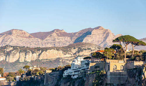 Panoramic view of town against clear blue sky