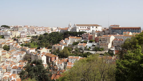 High angle view of townscape against clear sky