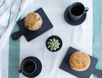 High angle view of breakfast served on table