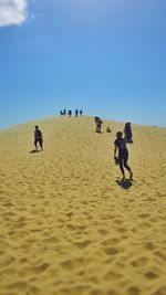 People walking on sand at beach against clear sky