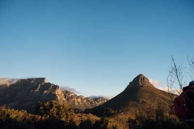 Scenic view of mountains against clear blue sky