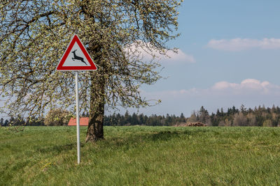 Road sign by trees on field against sky