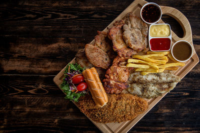 High angle view of meal served on table