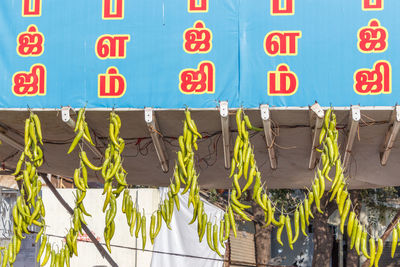 Green chili peppers hanging below billboard