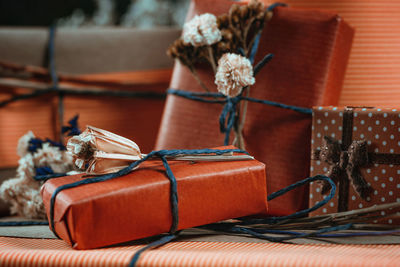 Close-up of gift boxes on table