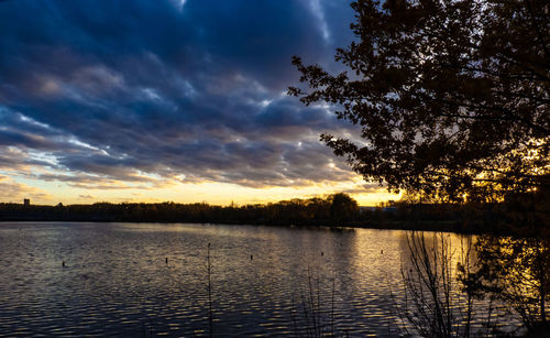 Scenic view of lake against sky during sunset