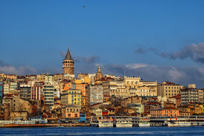 Magnificent istanbul city view from the bosphorus cruise with galata tower at the background.