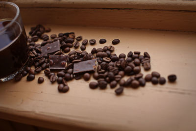 High angle view of coffee beans on table