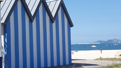 Close-up of beach against clear blue sky