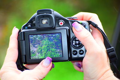 Cropped hands photographing plants from camera