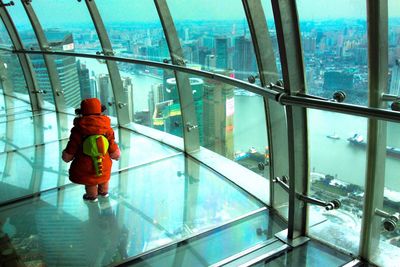 Rear view of man walking on glass window