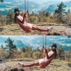 Collage of woman swinging against trees