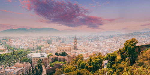 High angle view of townscape against sky during sunset