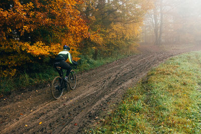 People riding bicycle on road amidst trees during autumn