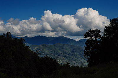 Scenic view of mountains against cloudy sky