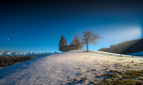 Snow covered landscape against clear blue sky