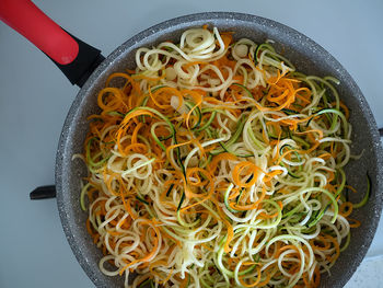 Directly above shot of noodles in bowl on gas stove burner