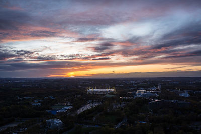 High angle view of townscape against sky during sunset