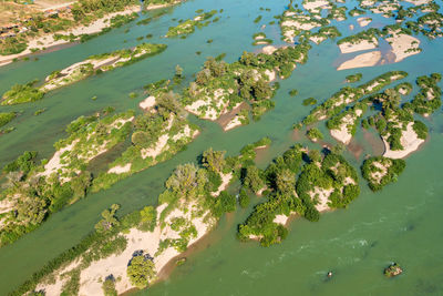 Aerial views of the mekong river with many sand bars and islands, cambodia