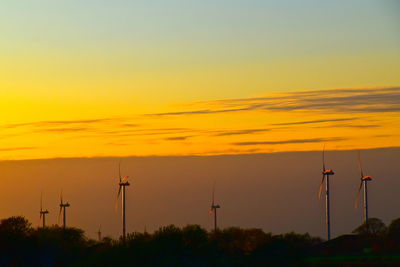 Silhouette of wind turbine against cloudy sky during sunset