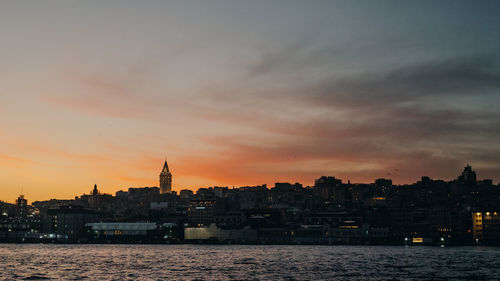 Buildings in city during sunset