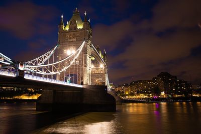 Illuminated bridge over river at night