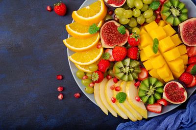 High angle view of fruits on table