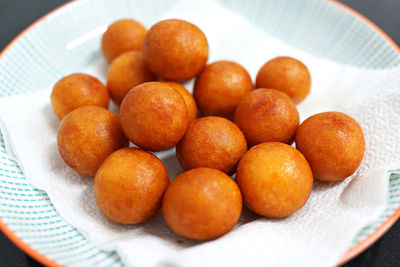 High angle view of fried food in plate on table