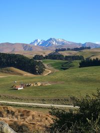 Scenic view of field and mountains against clear blue sky