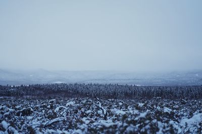 Scenic view of snow covered land against sky