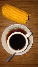 High angle view of coffee served on table