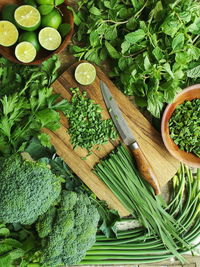 High angle view of chopped vegetables on cutting board