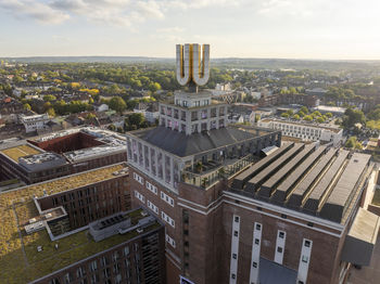 High angle view of buildings in city
