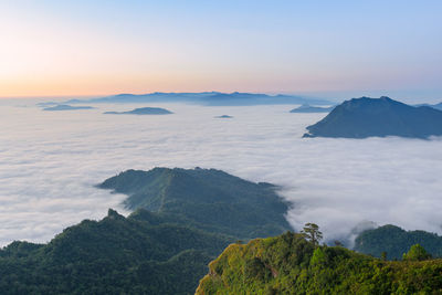 Scenic view of mountains against sky during sunset