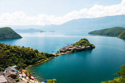 High angle view of bay against sky