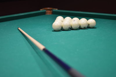 High angle view of balls billiard on table