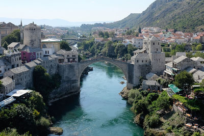 High angle view of historic buildings against sky