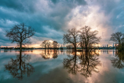 Flood on the rhine, germany. chempark dormagen in the background.