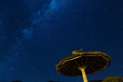 Low angle view of sunshade against star field in blue sky during night