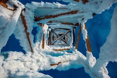 Low angle view of snow covered electricity pylon against sky