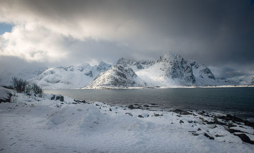 Scenic view of snowcapped mountains against sky