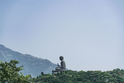 Buddha statue and trees against clear sky