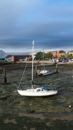 Boats moored at dusk