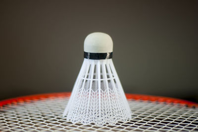 Close-up of shuttlecock on racket