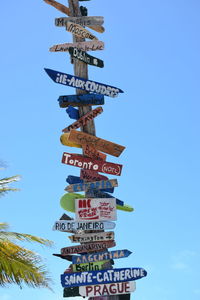 Low angle view of road sign against sky