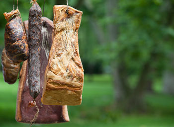 Close-up of smoked bacon hanging outdoors